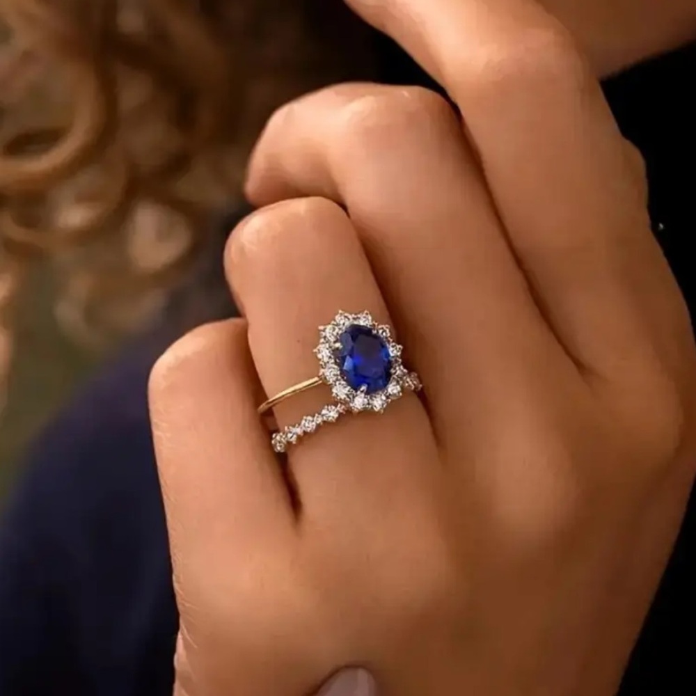 Classic Elegant Oval Blue Sapphire Halo Gold 14k plated Ring